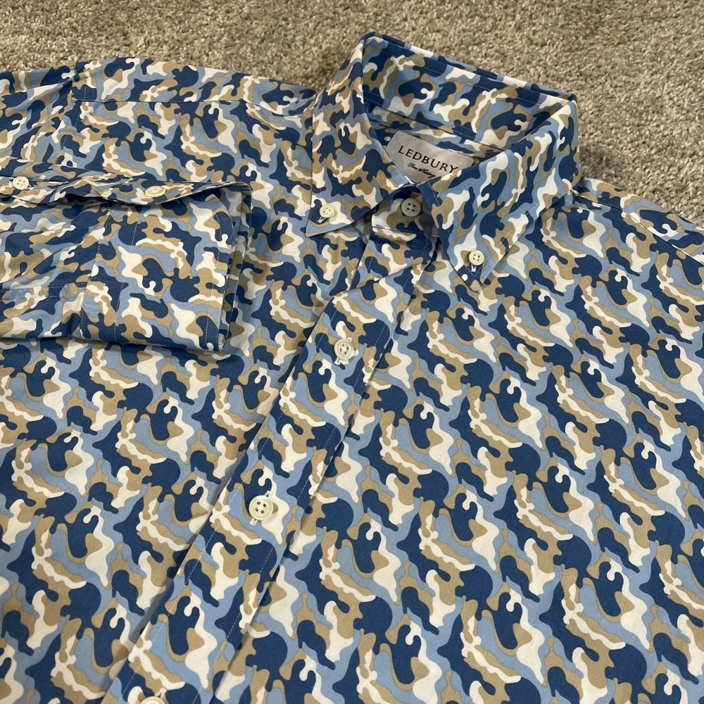 Ledbury‎ Button Down Shirt 16.5 42 Blue Camo Print Cotton Dress Casual Mens